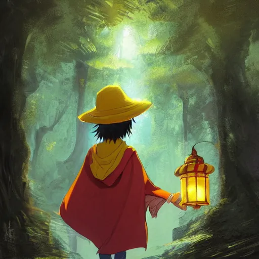 Image similar to concept art painting of an anthropomorphic luffy wearing a yellow cloak, holding a lantern, in the deep forest, realistic, detailed, cel shaded, in the style of by isaac asimov and marc simonetti and makoto shinkai and greg rutkowski and james gurney