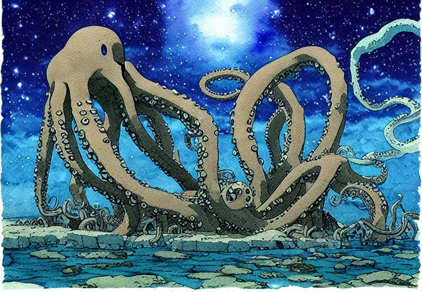 Prompt: a simple watercolor studio ghibli movie still fantasy concept art of stonehenge at the bottom of the ocean. a giant octopus from princess mononoke ( 1 9 9 7 ) is holding large stones. it is a misty starry night. by rebecca guay, michael kaluta, charles vess