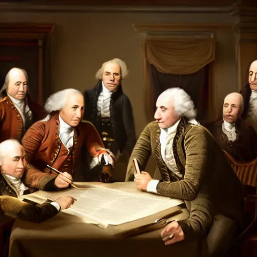 Image similar to zoo animals signing the declaration of independence, dramatic lighting, cinematic, establishing shot, extremely high detail, photo realistic, cinematic lighting, post processed, concept art, artstation, matte painting,