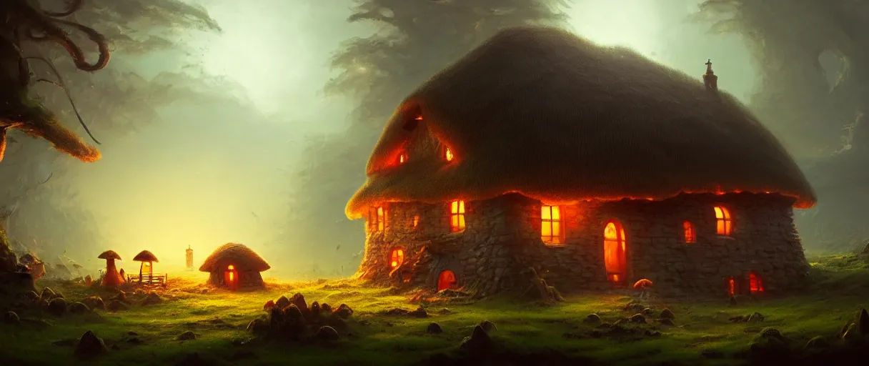 Prompt: digital painting of a small cottage on a floating island surrounded by mushrooms, concept art, low angle, high detail, volumetric, godrays, vivid, beautiful, trending on artstation, by Greg Rutkowski, huge scene