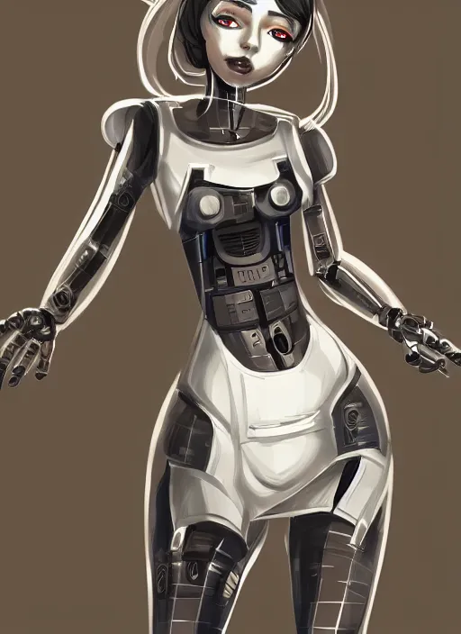 Image similar to a robot wearing a maid dress, striped thigh high, full body shot, highly detailed, digital painting, artstation, concept art, smooth, sharp focus, illustration