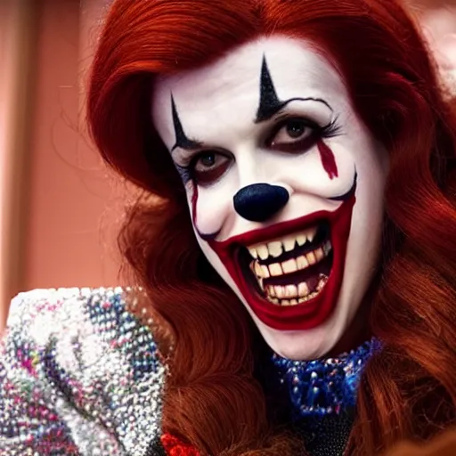 Prompt: still of Anna Kendrick as Evil Clown in IT remake 2029