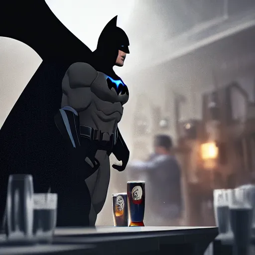 Prompt: batman drinking beer with superman in a bar, Cinematography, Vignette, HDR, Volumetric Lighting, Ambient occlusion, unreal engine, 4k, 8k