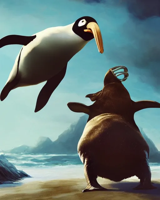 Image similar to oil painting of Penguin captain riding walrus, sharp focus, fantasy style, octane render, volumetric lighting, 8k high definition, by greg rutkowski, highly detailed, trending on art Station, magic the gathering artwork, Beach backround centered