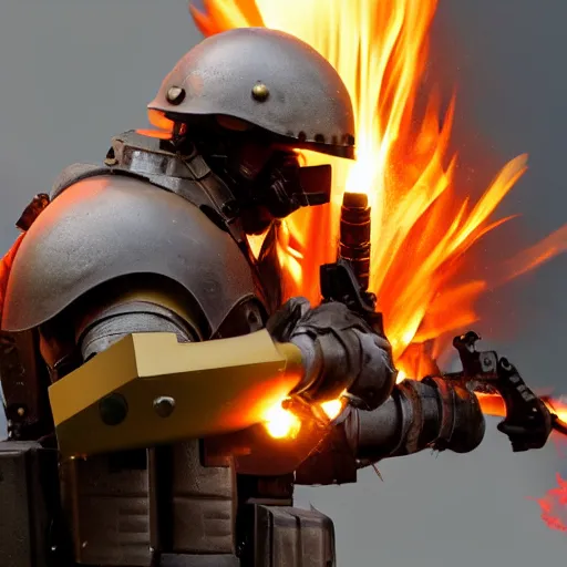 Image similar to angry man in juggernaut armor burning a desktop tower pc with a military flamethrower