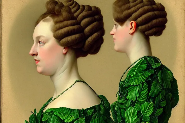 Image similar to franz szony style : a wonderful realistic closed portrait of woman with a majestic intricate and bizarre intertwined ramifications of leaves hairstyle and a semi transparent green cotton dress - h 7 6 8