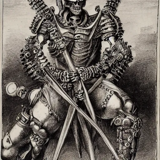 Image similar to skeleton warrior with a very ornate armor, very detailed, complex drawing, hyper detailed, renaissance, monochrome, albert durer style