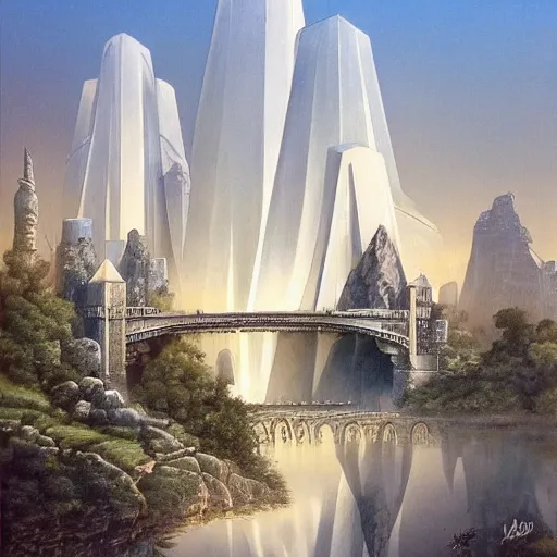 Image similar to by jim burns tranquil, angular. a beautiful land art of a cityscape with tall spires & delicate bridges.