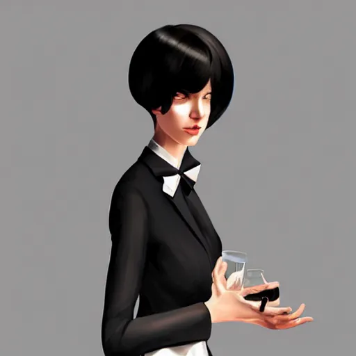 Prompt: slim mafia girl in tuxedo with black bob hair, elegant, 2d, ultra highly detailed, digital painting, smooth, sharp focus, artstation, art by Ilya Kuvshinov