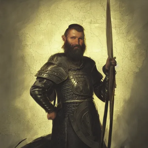 Image similar to Closeup of frustrated male medieval lieutenant with a {short} beard wearing a black!!!! and yellow tabard over a steel breastplate and a black gambeson looking up from a map on a table, intricate, dramatic lighting illustration by Greg Rutkowski, ArtStation, digital art, fantasy