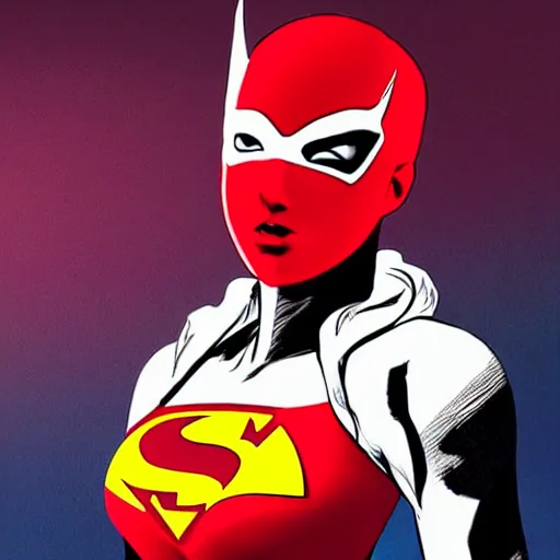 Image similar to a beautiful superhero girl with short white hair and a bright red mask in the style of dc comics