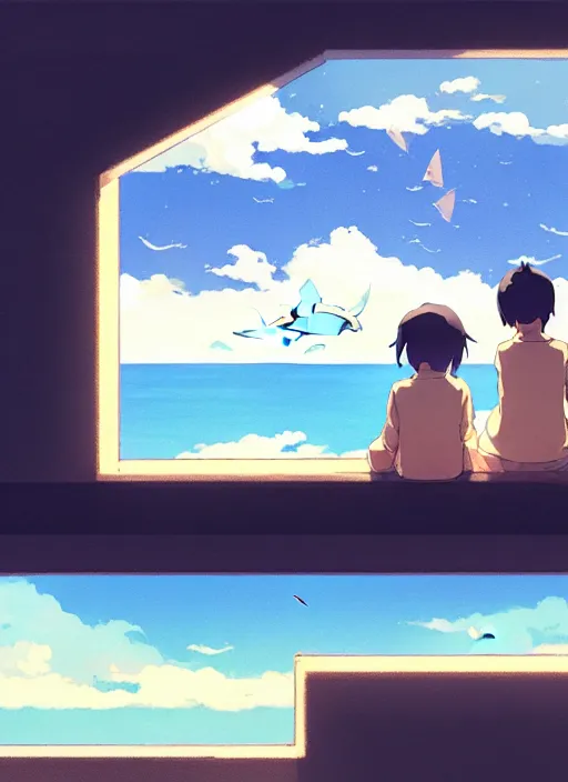 Image similar to boy and girl watching big whales flying on sky from a room window, illustration concept art anime key visual trending pixiv fanbox by wlop and greg rutkowski and makoto shinkai and studio ghibli