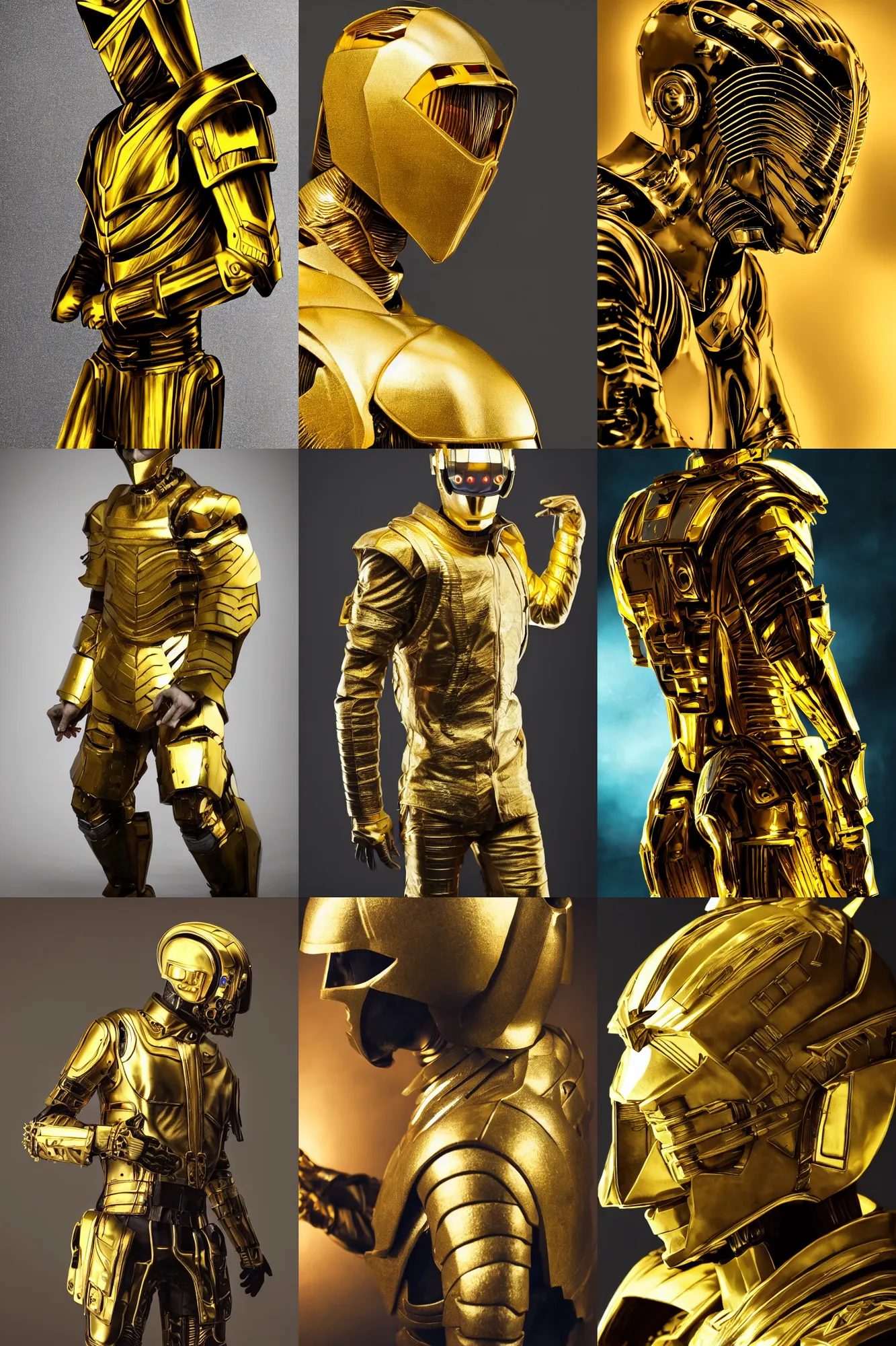 Prompt: lit from the side, a beautiful photo of a golden armor Art Deco cyberpunk man