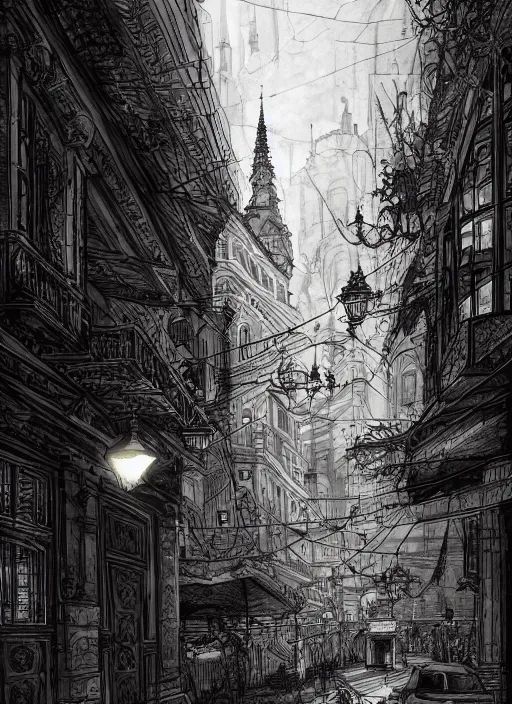 Image similar to Budapest , Dynamic lighting, cinematic, extremely high detail, photo realistic, cinematic lighting, pen and ink, intricate line drawings, post processed, artstation, matte painting, style by Paru Itagaki