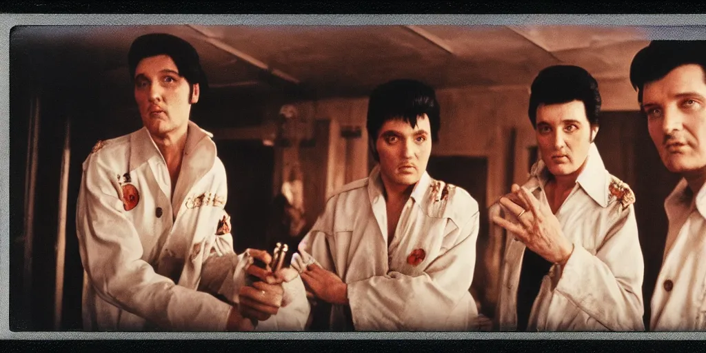 Image similar to detailed medium format photo, polaroid still from tarkovsky movie, elvis impersonators waiting for callback, haze, high production value, intricate details, 8 k resolution, hyperrealistic, hdr, photorealistic, high definition, technicolor, award - winning photography, masterpiece, amazing colors