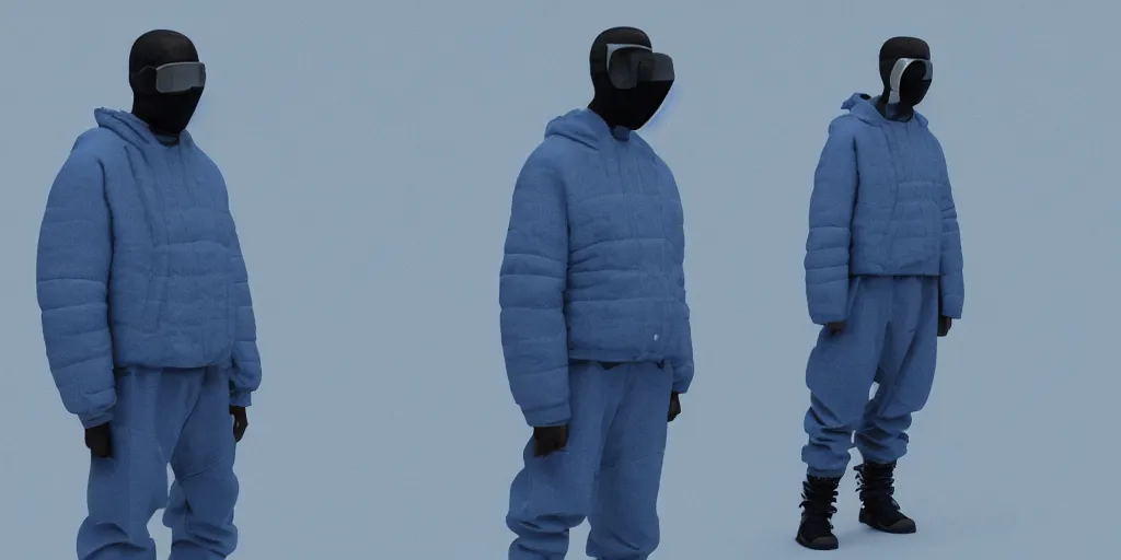 Image similar to kanye west wearing a cloth face covering mask, a small reflective blue puffer jacket made of nylon, jeans pants made and big black rubber boots in 3 d, blender, octane render, 3 d render, realistic, unreal engine, studio light, 4 k, 8 k