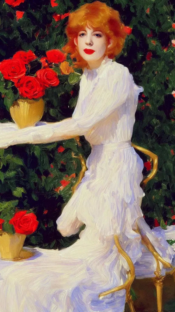 Image similar to clear face of young julee cruise in detailed golden sleeve balloon lace dress beside a pot of red roses set near a persian blue detailed pot by john singer sargent