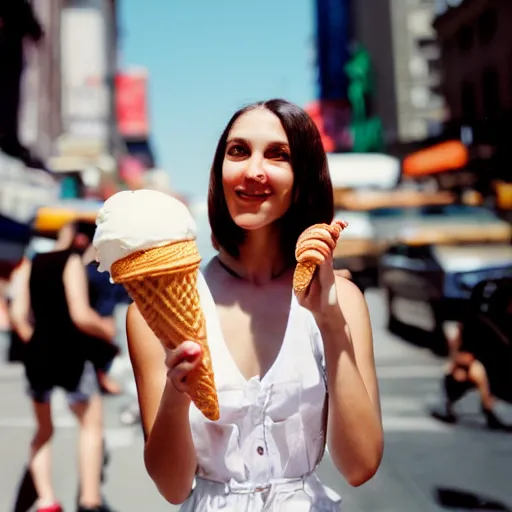 Image similar to a film photo of a pretty young woman, 26, wearing summer clothes, holding an ice cream cone on a hot summer's day in New York City