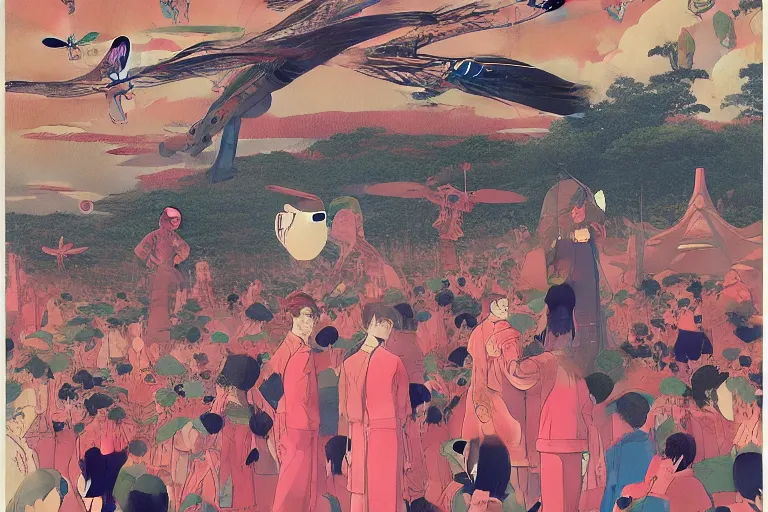 Image similar to gigantic dragonflies with human faces catch tiny robots, a lot of exotic mechas robots around, human heads everywhere, risograph by kawase hasui, dirtyrobot, edward hopper, satoshi kon and moebius, colorful flat surreal design, super - detailed, a lot of tiny details, fullshot