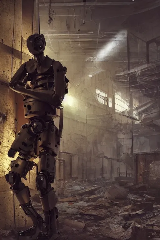 Image similar to a stalker in an exoskeleton with a detector in his hand from the game s.t.a.l.k.e.r stands next to a large translucent luminous sphere in an abandoned factory, realistic art