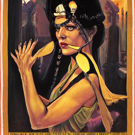 Prompt: pulp illustration of an exotic high priestess in the style of mort kunstler