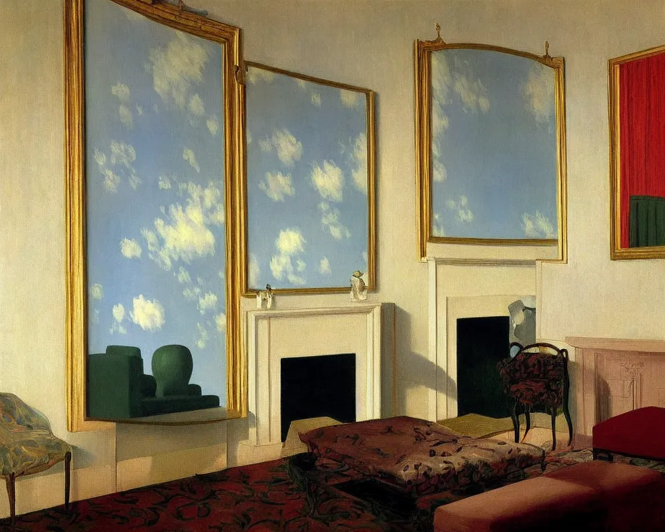 Image similar to achingly beautiful painting of a sophisticated, well - decorated, modern parlor by rene magritte, monet, and turner. whimsical.