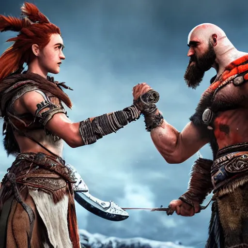 Prompt: Kratos and Aloy handshaking vigorously on a battlefield, digital art, unreal engine render, highly detailed