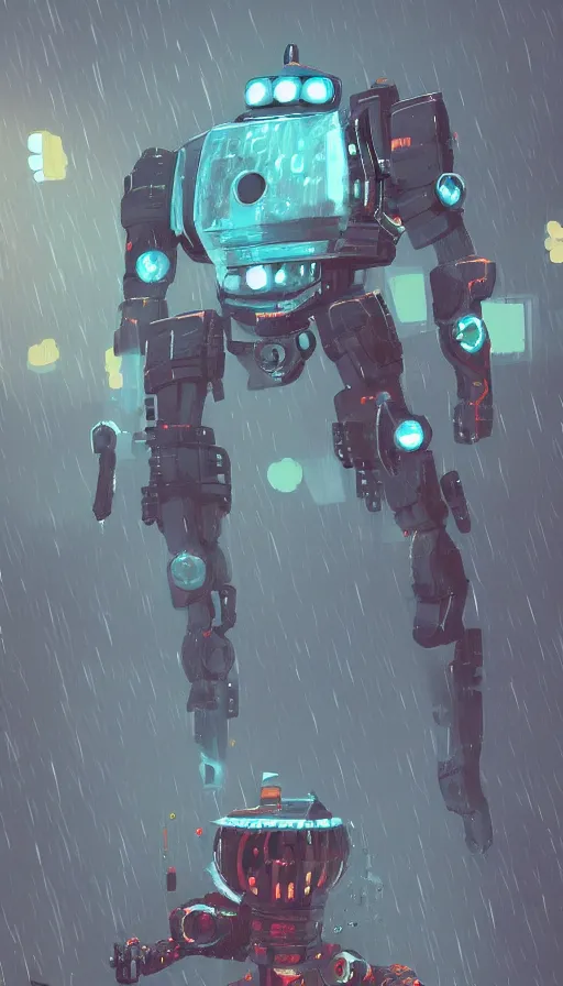 Image similar to a giant broken robot cooling down in rain, water droplets, rustic, dormant, nearby, sharp focus, james gilleard, cinematic, game art, extremely detailed digital painting, print