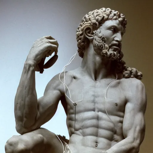 Prompt: A photo of Michelangelo’s sculpture of David wearing headphones DJing, 4K