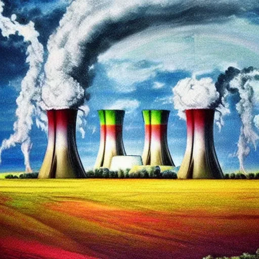 Image similar to A Masterpiece Landscape of a broken down nuclear power station, Nuclear blast imminent, nuclear reactor going critical. Rainbow Color Scheme