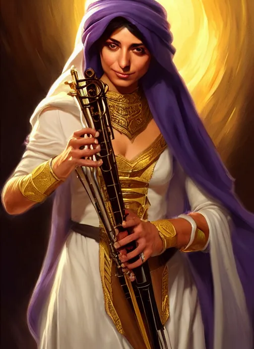 Image similar to a _ fantasy _ style _ portrait _ painting _ of arabian female charismatic bard playing instrument, rpg dnd oil _ painting _ unreal _ 5 _ daz. _ rpg _ portrait _ extremely _ detailed _ artgerm _ greg _ rutkowski _ greg
