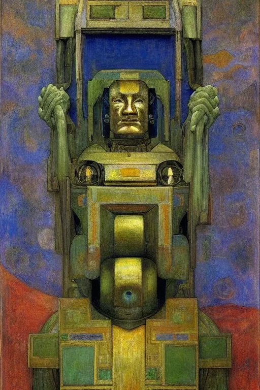Image similar to the robot in his regalia, by Annie Swynnerton and Diego Rivera and Elihu Vedder, symbolist, dramatic lighting, elaborate geometric ornament, Art Brut, soft blues and greens,smooth, sharp focus, extremely detailed, Adolf Wölfli