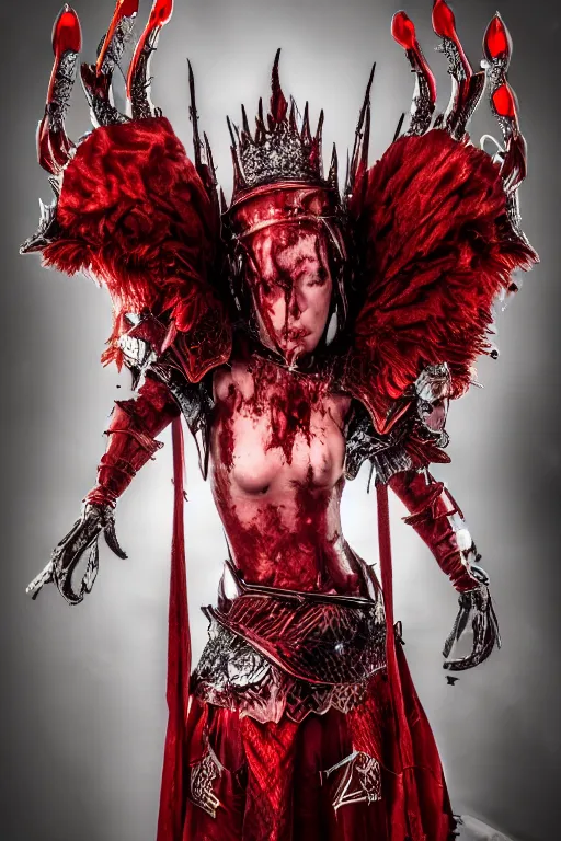 Image similar to the blood crown queen wear the scarlet armor, cinematic lighting, various refining methods, micro macro autofocus, ultra definition, award winning photo
