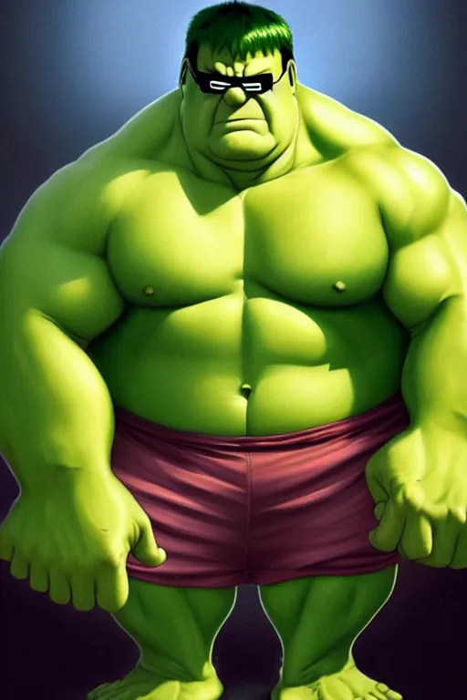 Image similar to Peter Griffin as Hulk, Hulk costume, Peter Griffin hairstyle, Hulk body type, Peter Griffin Face, calm, grumpy, portrait, masculine figure, highly detailed, digital painting, artstation, concept art, smooth, sharp focus, illustration, cinematic lighting, art by artgerm and greg rutkowski and alphonse mucha