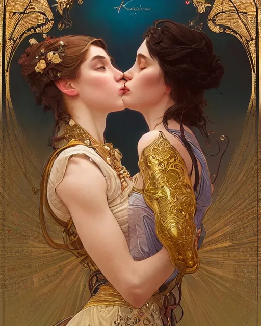 Image similar to the kiss | highly detailed | very intricate | art nouveau | gold filigree | romantic storybook fantasy | soft cinematic lighting | award - winning | painted by mandy jurgens and alphonse mucha and alena aenami | pastel color palette | featured on artstation