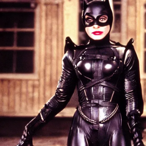 Image similar to A still of Madonna as Catwoman from Batman Returns. Extremely detailed. Beautiful. 4K. Award winning.