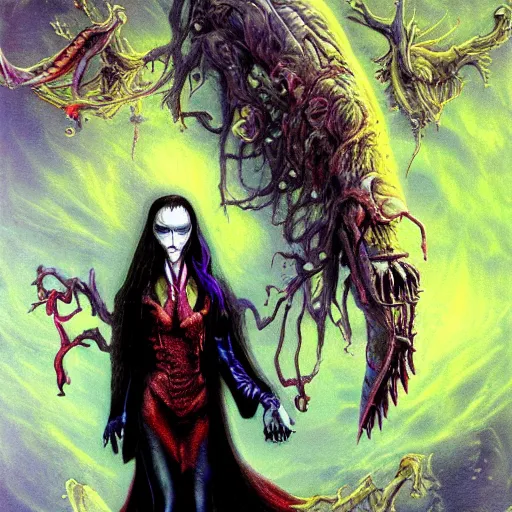 Prompt: Vampire traveling through a beautiful psychedelic world, horror, illustrated by Jim Burns, masterpiece, vibrant colors, trending on artstation