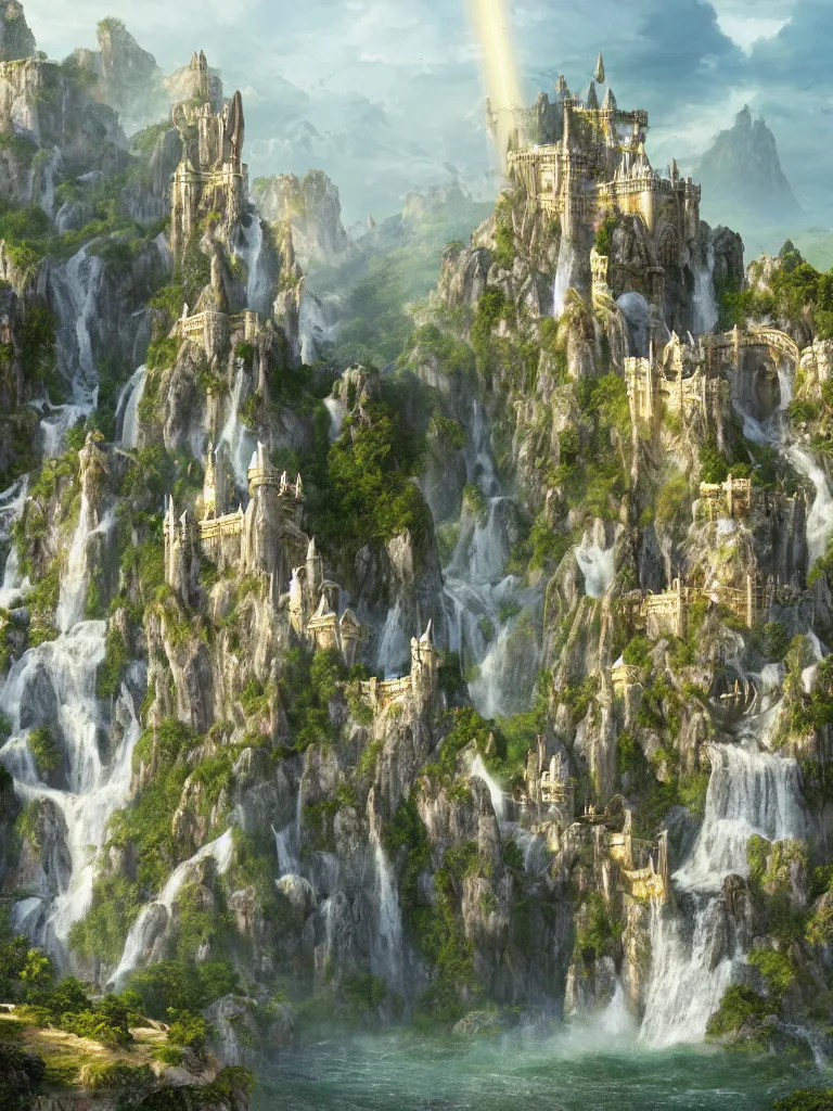 Image similar to a beautiful fantasy landscape of a large majestic castle adorned with gold linings and white marble walls from DND with lots of towers bridges and levels on top of a lush cliff with a huge waterfalls in the middle, ruins of structures at the bottom, afternoon light streaking with god rays, Dungeons and Dragons Castle, ornate, detailed, octane render, 8k, trending on artstation deviantart google images, pinterest, canon 35mm lens