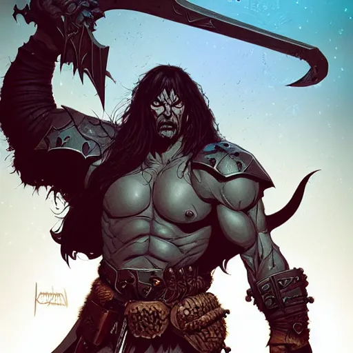 Image similar to cell shaded cartoon, a portrait of a fully armored evil warlock version of conan the barbarian, illustration, wide shot, subtle colors, concept art by josan gonzales and wlop, laurie greasley, jordan grimmer and james jean, highly detailed, sharp focus, trending on artstation, hq, deviantart, art by artgem