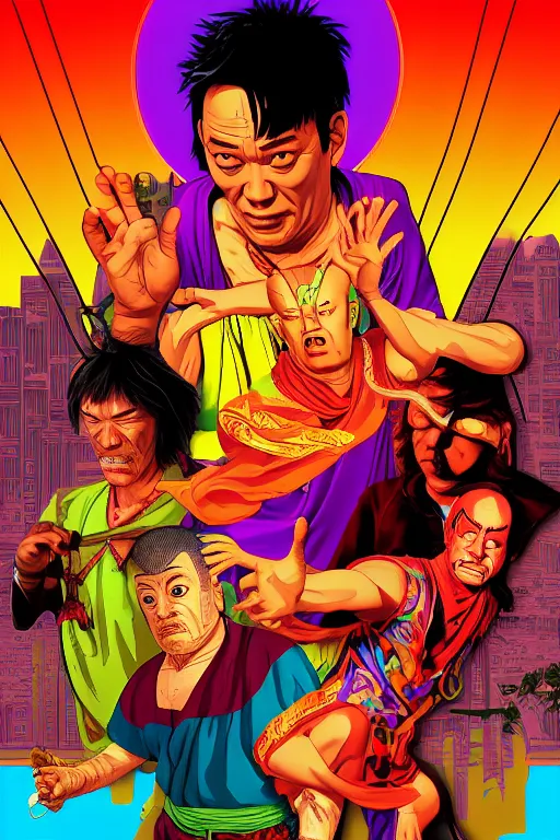 Prompt: journey to the west. pop art, comic art, gta vice city style, no duplicate image, glowing lights, ultra realistic, ultra details, digital painting, artstation, concept art, smooth, sharp focus, illustration, intecrate details, art richard hamilton and mimmo rottela, kirokaze and paul robertson, neil gaiman and mark millar