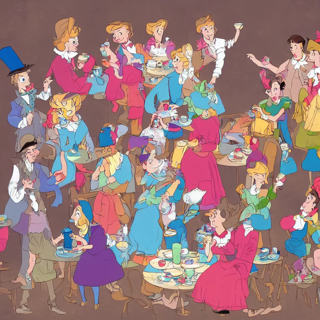 Prompt: A Tea Party were the attendants are Alice from Alice In Wonderland, Cinderella, Peter Pan and Marty Mcfly, everyone is holding a cup and enjoying the moment, 4k, digital art