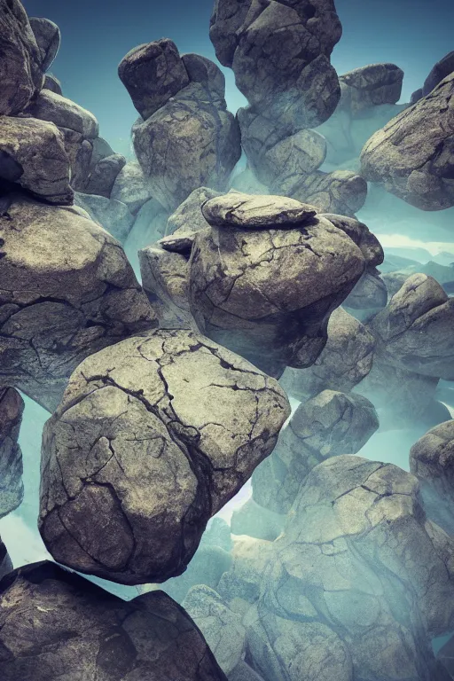 Image similar to panorama photograph of impossible balancing rocks, unreal 5, DAZ, hyperrealistic, octane render, Regal, Refined, Detailed Digital Art, dynamic lighting, Highly Detailed, Cinematic Lighting, Unreal Engine, 8k, HD