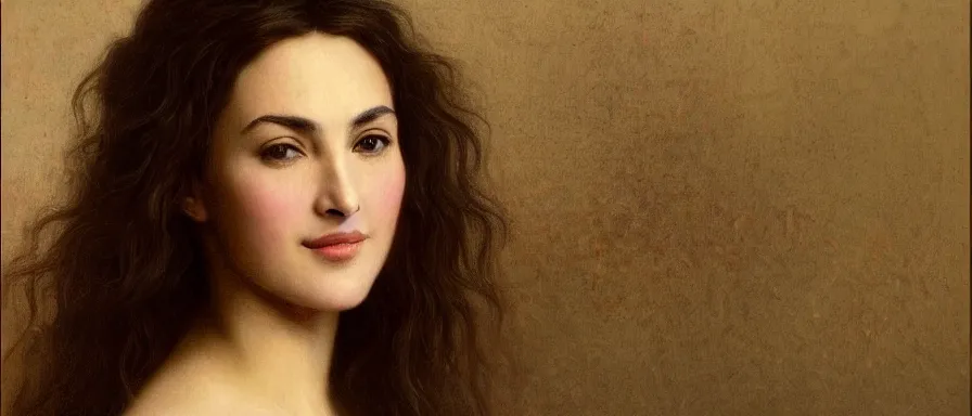 Prompt: Monica Bellucci as Hermione Granger. Smiling. Happy. Cheerful. Art by william adolphe bouguereau. Extremely detailed. Beautiful. 4K. Award winning.