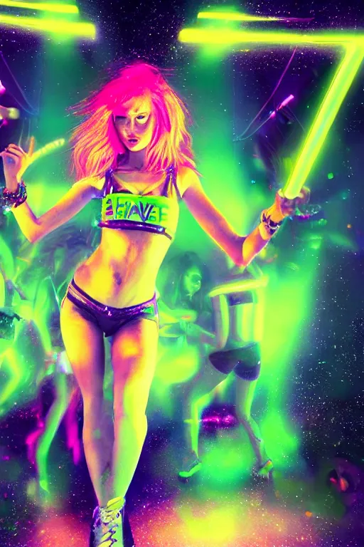 Prompt: Rave girls at a dance club on the moon, glowsticks, neon hair, midriff, astronaut dj, dramatic lighting, cinematic, establishing shot, extremely high detail, foto realistic, cinematic lighting, post processed, concept art, high details, cinematic, 8k resolution, beautiful detailed, photorealistic, digital painting, artstation, concept art, smooth, sharp focus, artstation trending, octane render, unreal engine