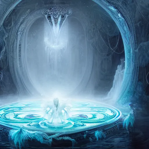 Image similar to white pool with intricate and surreal magic circles of white water within which float goddess of illusion, beautiful, magic doorway, mist, bioluminescence, dressed in intricate veils and jewels, epic environment, matte painting, diffused lighting, highly detailed cinematic, epic atmosphere, diffused lighting, highly detailed digital art, trending on artstation, depth of field, wide angle