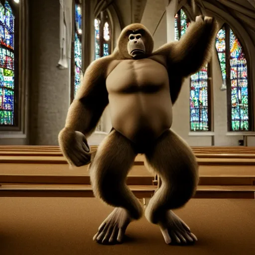 Image similar to big gorilla man terroizing church, 8k cinematic lighting, very sharp detail, anatomically correct