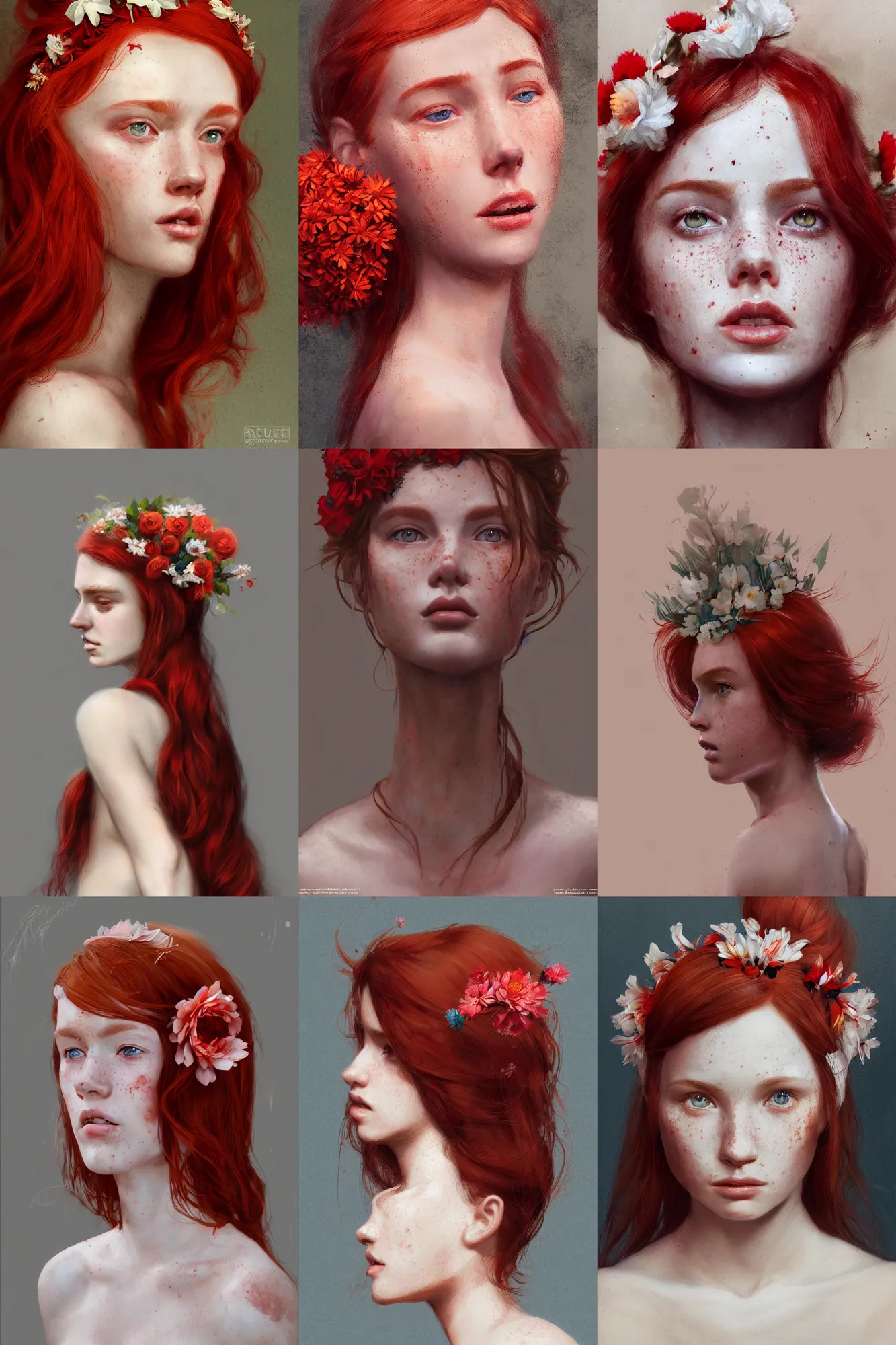 Image similar to A portrait of a beautiful red haired girl with freckles, wearing a flower headpiece, porcelain skin, cinematic lighting, photo realistic, highly detailed, maya, digital painting, artstation, concept art, sharp focus, illustration, by greg rutkowski