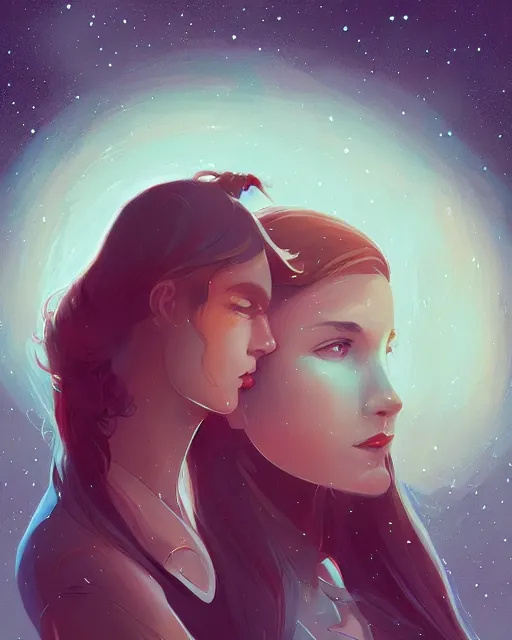 Prompt: beneath the stars, portrait, loish, lois van baarle, android jones and rhads, digital art