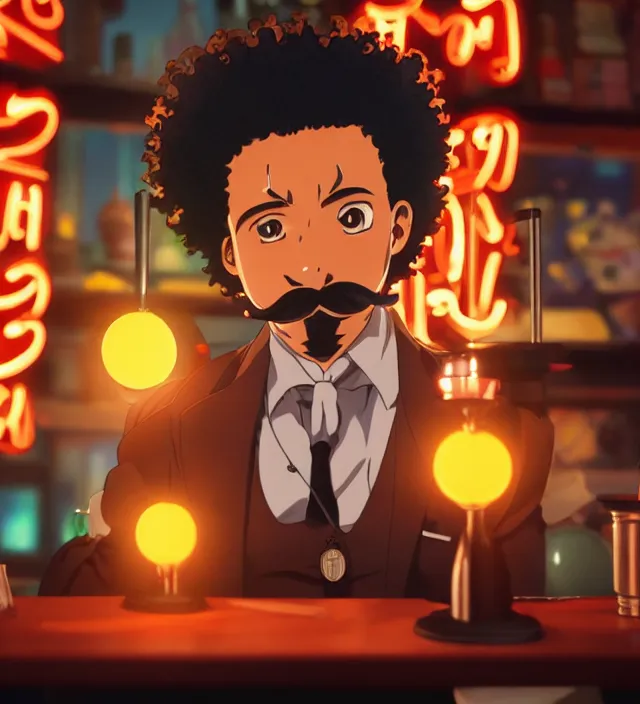 Image similar to close - up anime still of ( ( charming!!!!! latino middle - aged anime protagonist with curly afro and moustache!!! tilting his head charmingly ) late night in an anime bar, cozy lights, detailed orange atmosphere. cinematic rim lighting, global illumination, trending on artstation, hypdertailed, perfect shading, dreamy, masterpiece