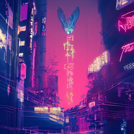 Prompt: a detailed matte painting of a neon cat under a black light with red led eyes, the cat is in a intricately detailed neo neon cyberpunk Japanese city, the angel of death with a halo, colorful background not limited to children, by Ismail Inceoglu , 4K concept art, featured on cgsociety, unreal engine